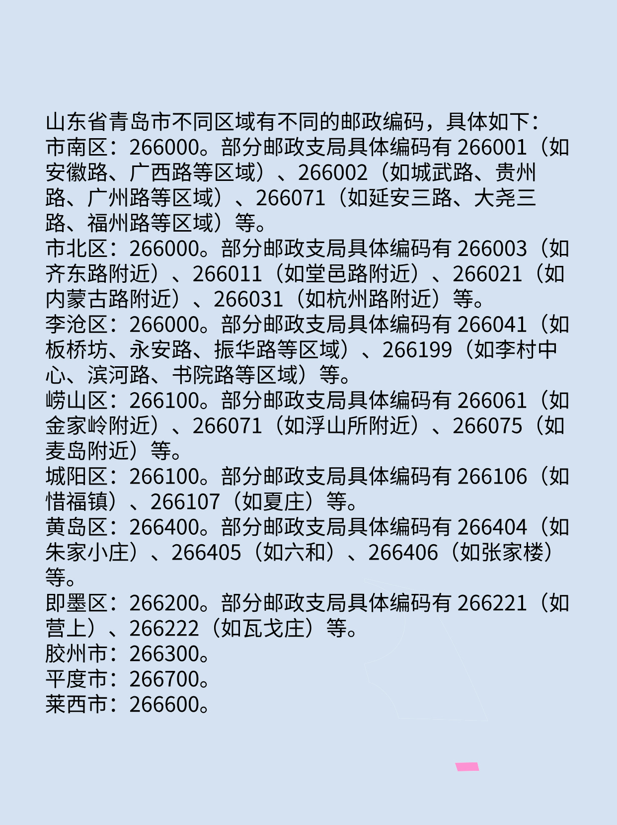 速看！山东省青岛市的邮政编码