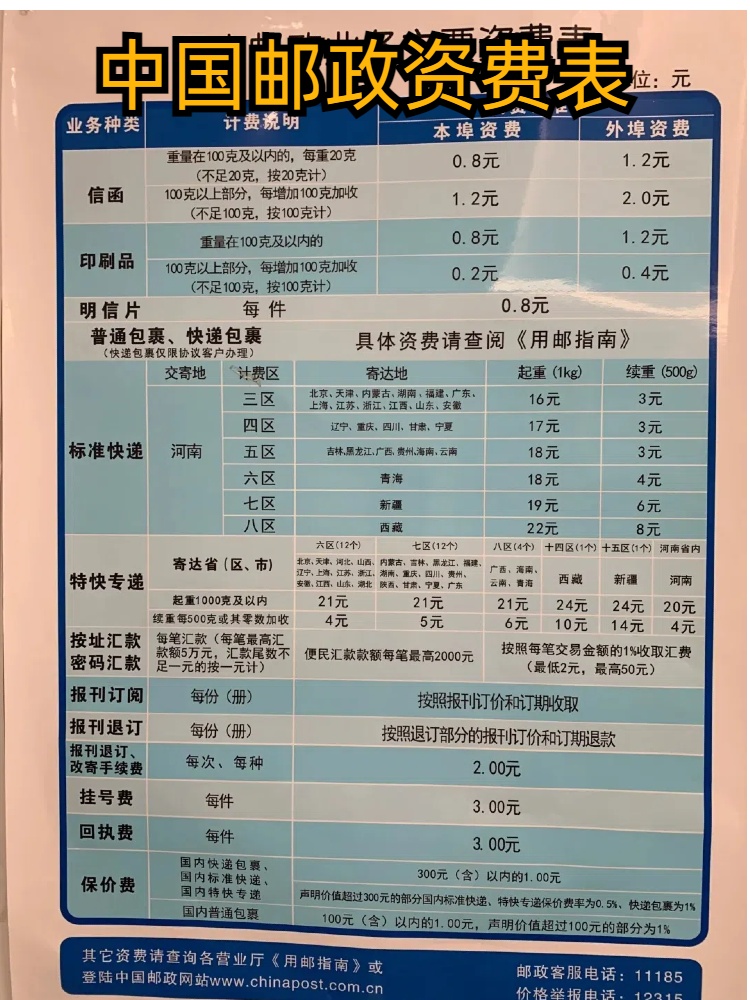 中国邮政资费表