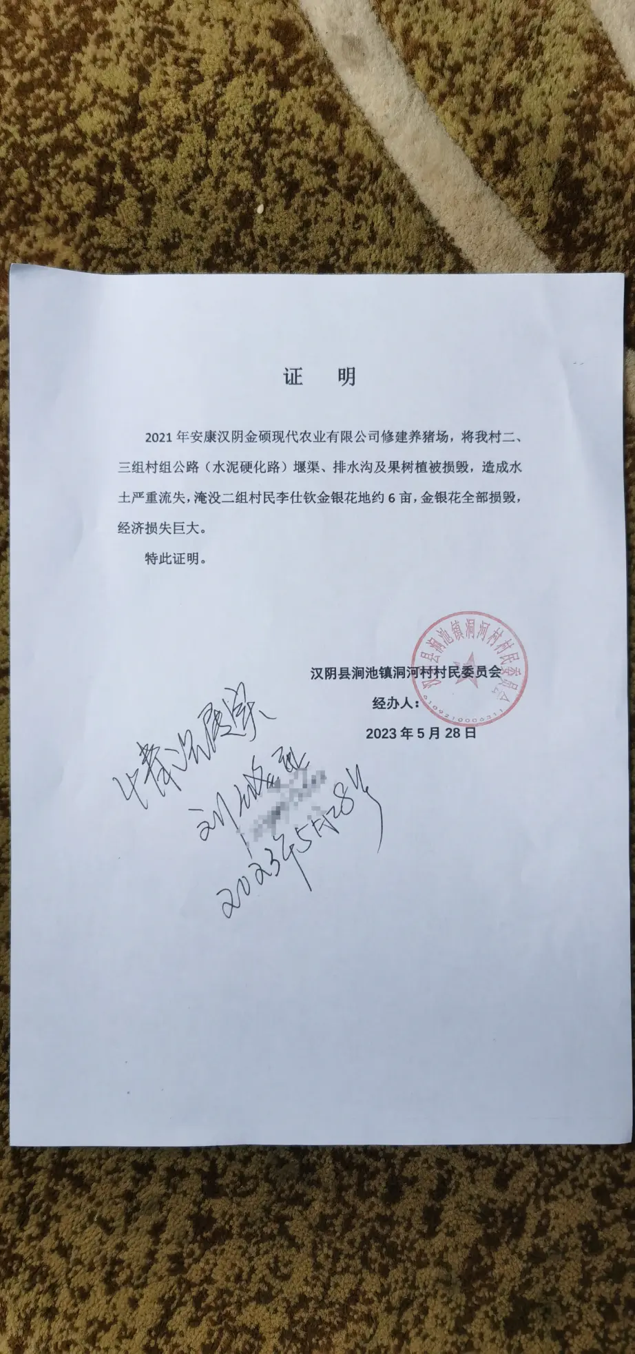 洞河村村委会出具的证明材料（当事人供图）此外，李仕钦还提供了村民谢