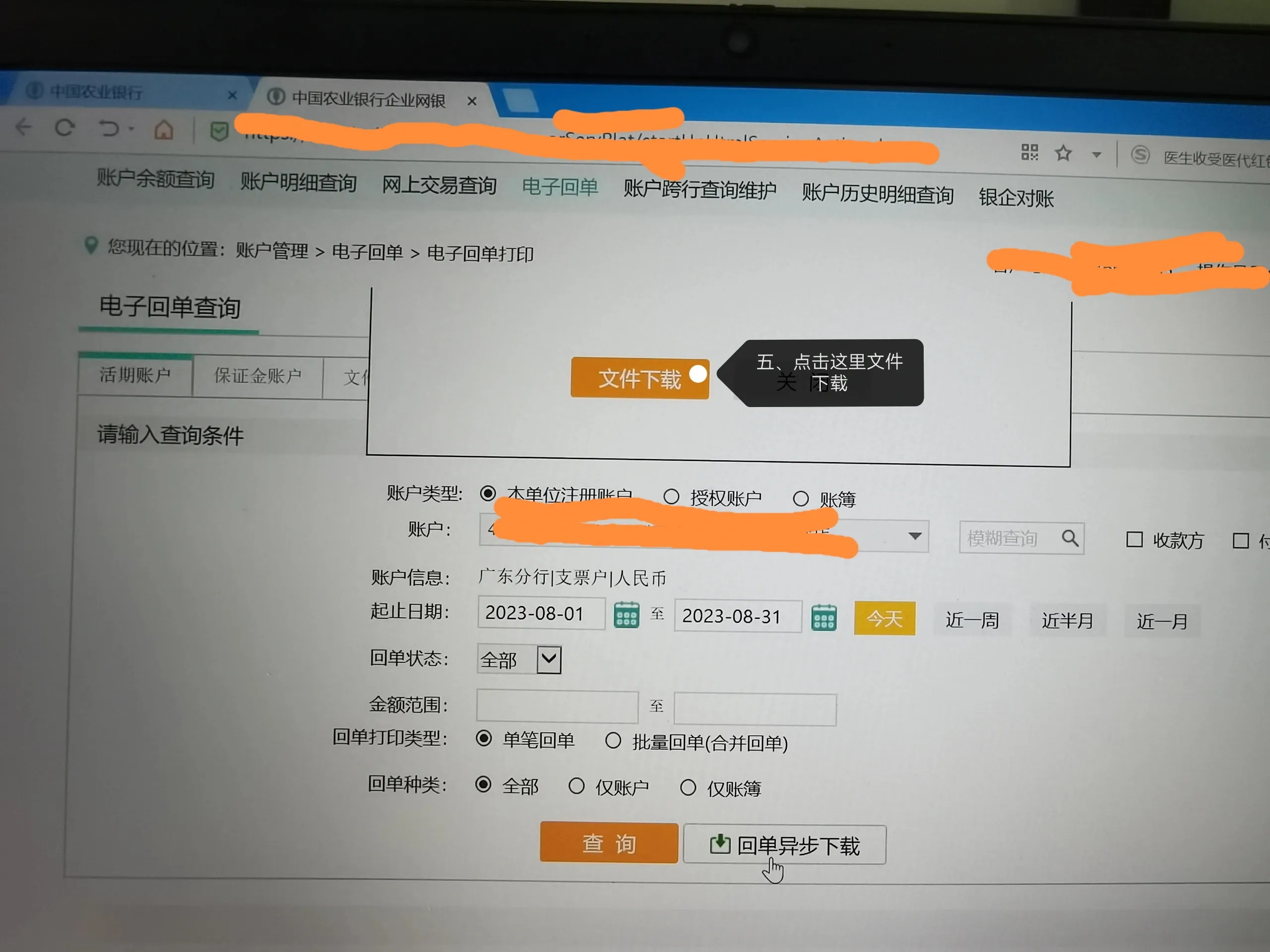 农业银行电子账户明细与电子回单下载步骤