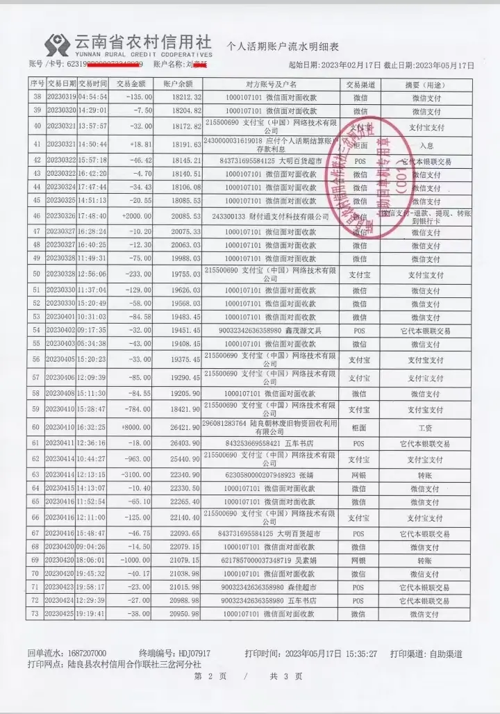 农村信用社个人活期账户流水明细表分享