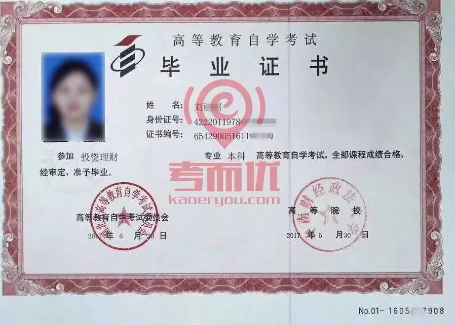 图：中南财经政法大学投资理财自考本科毕业证书图：中南财经政法大学金