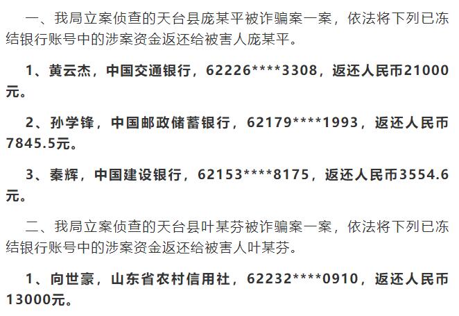 公安局公示：涉案资金返还明细