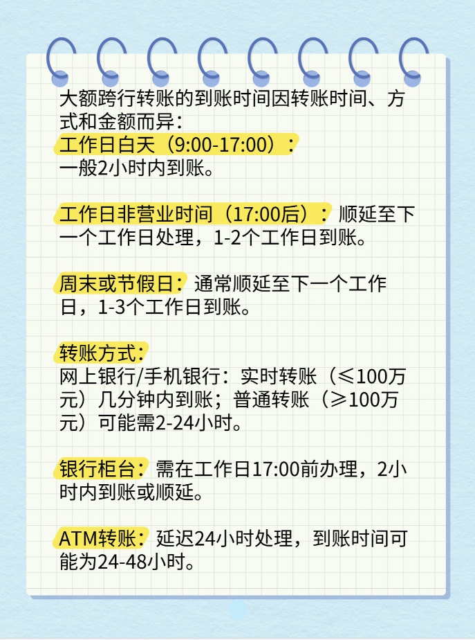 速看：大额跨行转账多久到账介绍