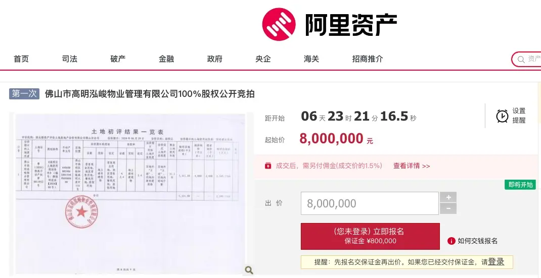 乐居财经 严明会 9月29日消息，据阿里资产，2022年10月6日，佛山市高明泓峻