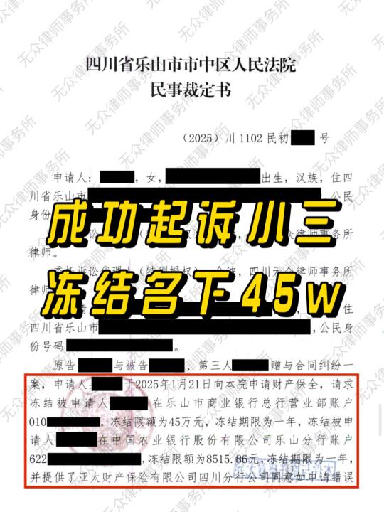 起诉小三返还财产，成功冻结名下45万