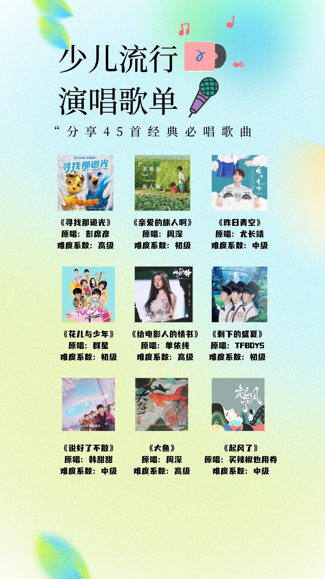 推荐：45首少儿青少年热门流行歌曲