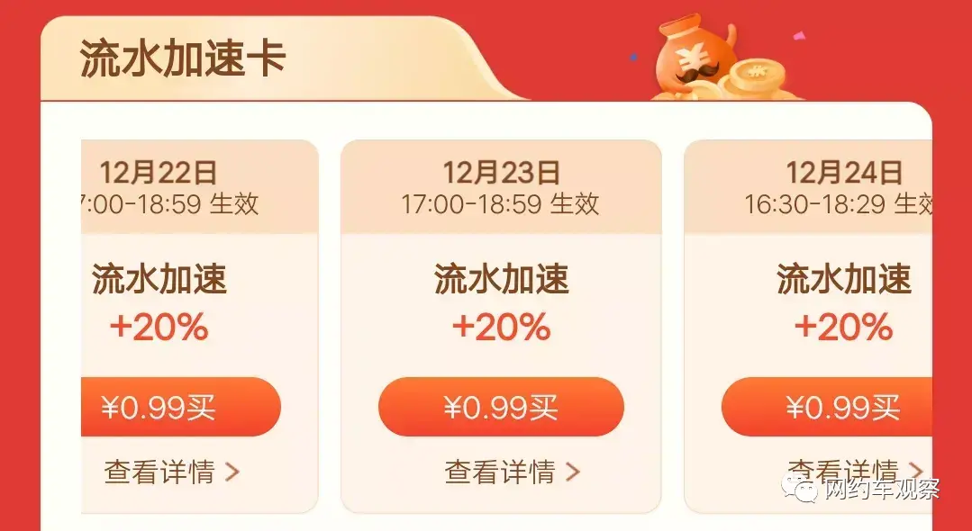 师傅们只需要0.99元，便可以购买生效时段内的流水加速卡，每单流水+20％！